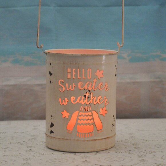 Fall Metal Distressed Lantern “HELLO Sweater Weather” with Color Changing Candle - Picture 3 of 4